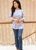 Image of Chic Handblock Printed Pure Cotton Shirt-Style Top – White & Blue