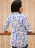 Image of Chic Handblock Printed Pure Cotton Shirt-Style Top – White & Blue