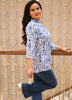 Image of Chic Handblock Printed Pure Cotton Shirt-Style Top – White & Blue