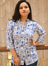Load image into Gallery viewer, Chic Handblock Printed Pure Cotton Shirt-Style Top – White &amp; Blue