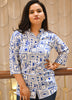 Image of Chic Handblock Printed Pure Cotton Shirt-Style Top – White & Blue