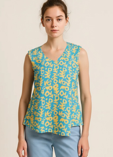 Blue & Yellow Abstract Print Sleeveless Top
