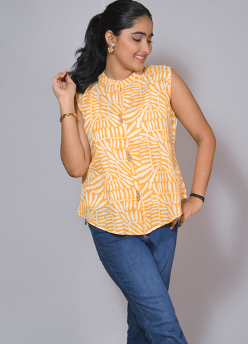 Women’s Sleeveless Yellow Abstract Print Cotton Button-Down Top