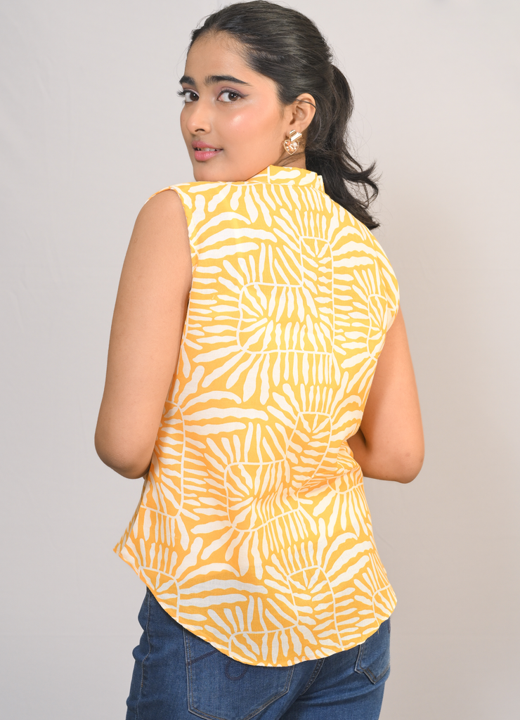 Women’s Sleeveless Yellow Abstract Print Cotton Button-Down Top