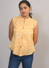 Load image into Gallery viewer, Women’s Sleeveless Yellow Abstract Print Cotton Button-Down Top