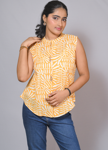 Women’s Sleeveless Yellow Abstract Print Cotton Button-Down Top