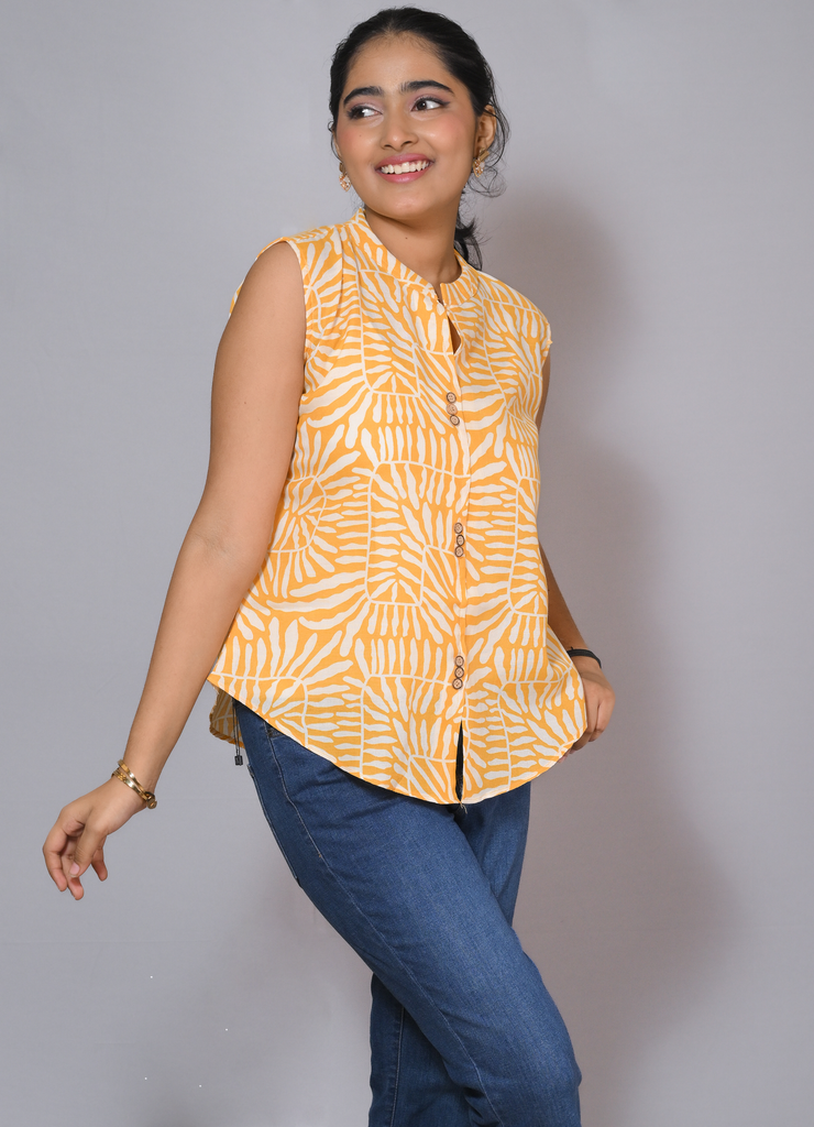 Women’s Sleeveless Yellow Abstract Print Cotton Button-Down Top
