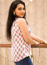 Load image into Gallery viewer, Elegant Pink &amp; Brown Block‑Print Cotton Sleeveless Top