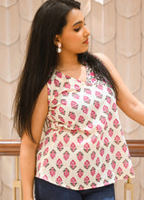 Load image into Gallery viewer, Elegant Pink &amp; Brown Block‑Print Cotton Sleeveless Top
