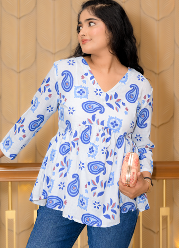 Blue & White Floral Printed Cotton Top with Flared Hem