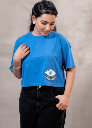 Blue Cotton Over Size Crop Top  Fit T-Shirt with Evil Eye Embroidery Patch