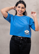Load image into Gallery viewer, Blue Cotton Over Size Crop Top  Fit T-Shirt with Evil Eye Embroidery Patch
