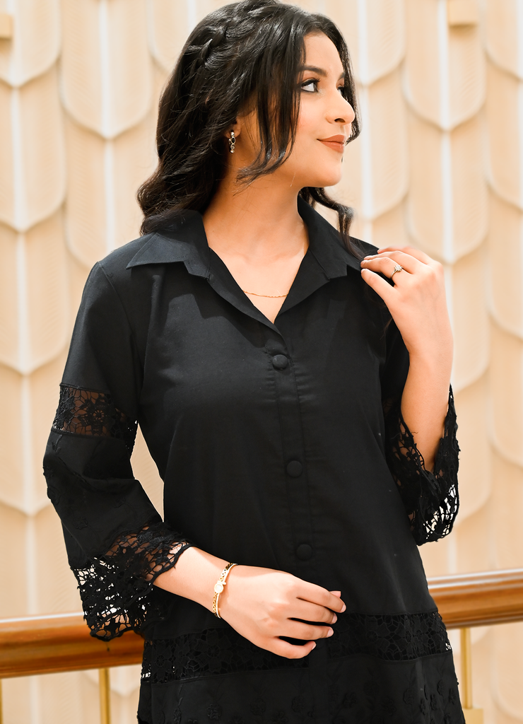 Elegant Black Cotton Co-ord Set with 3D Embroidery & Crochet Detailing (2-Piece)
