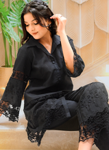 Load image into Gallery viewer, Elegant Black Cotton Co-ord Set with 3D Embroidery &amp; Crochet Detailing (2-Piece)