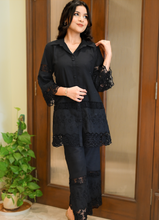 Load image into Gallery viewer, Elegant Black Cotton Co-ord Set with 3D Embroidery &amp; Crochet Detailing (2-Piece)