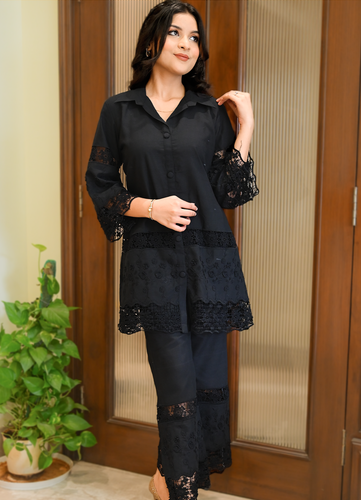 Elegant Black Cotton Co-ord Set with 3D Embroidery & Crochet Detailing (2-Piece)