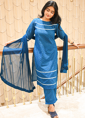 Blue Cotton Embroidered Suit Set with Dupatta