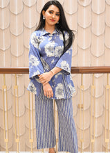 Load image into Gallery viewer, Blue Floral Collared Cotton Co-ord Set – 2 Pc | Stretchy &amp; Summer-Perfect