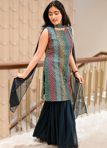 Zehra Multicolor Mirror Work Kurta Set with Garara & Dupatta