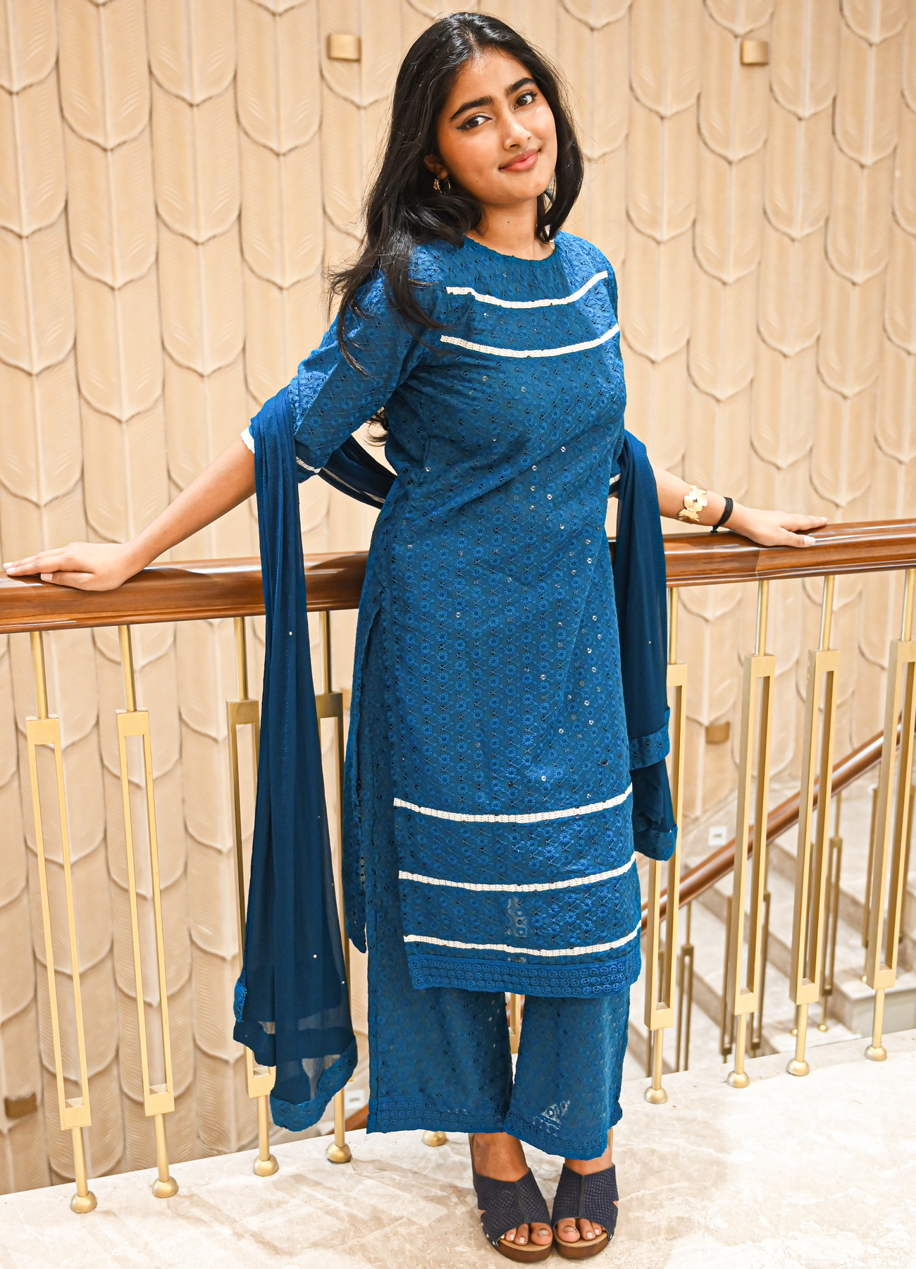 Blue Cotton Embroidered Suit Set with Dupatta