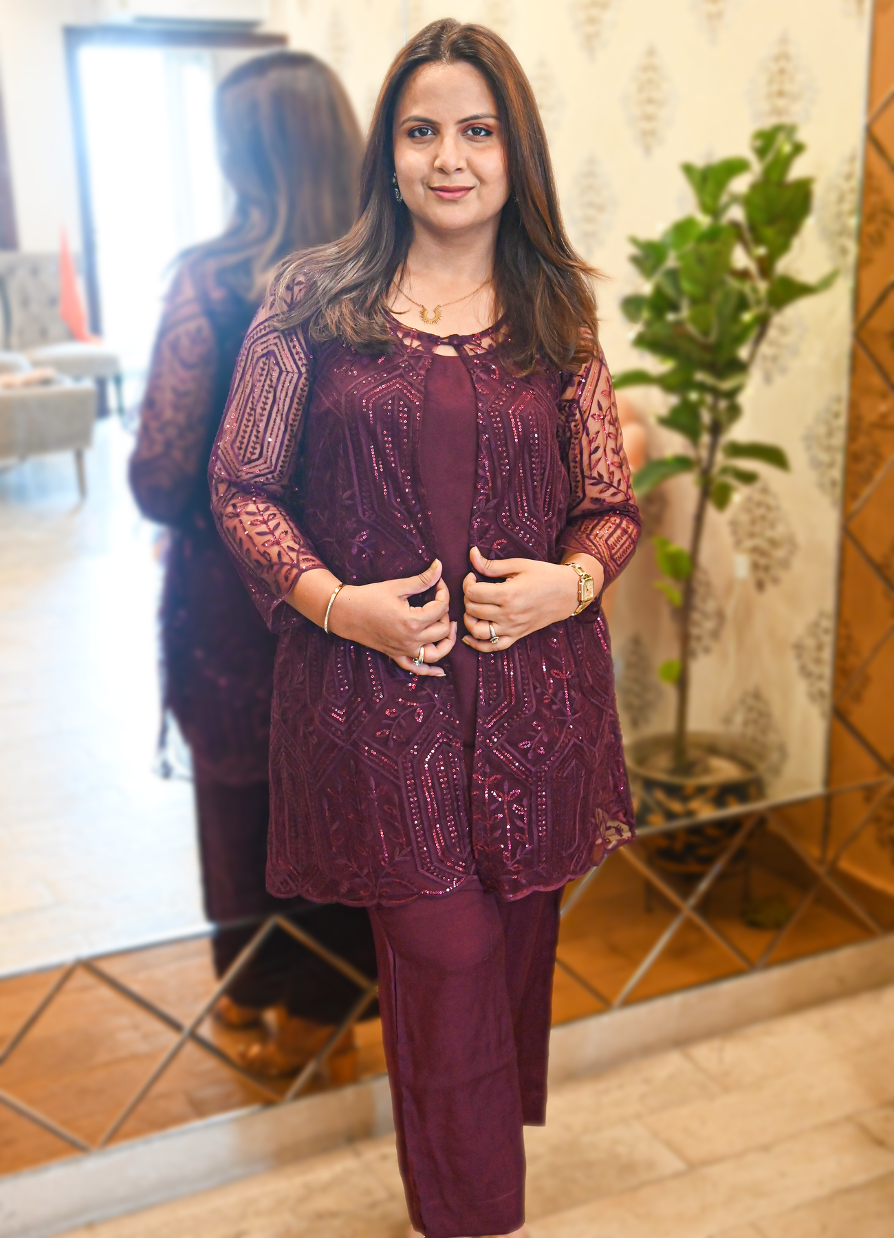 Plum Sequin Co-Ord Set with Net Shrug