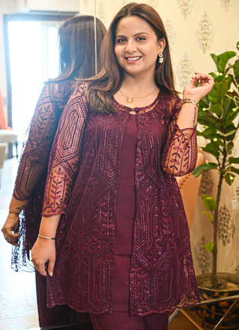 Plum Sequin Co-Ord Set with Net Shrug
