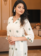 Load image into Gallery viewer, Off-White Pure Cotton Top with Green Thread Embroidery