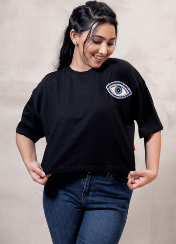 Black Cotton Over Size Crop Top Fit T-Shirt with Evil Eye Embroidery Patch