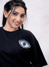 Load image into Gallery viewer, Black Cotton Over Size Crop Top Fit T-Shirt with Evil Eye Embroidery Patch