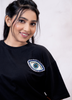 Image of Black Cotton Over Size Crop Top Fit T-Shirt with Evil Eye Embroidery Patch