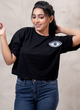 Load image into Gallery viewer, Black Cotton Over Size Crop Top Fit T-Shirt with Evil Eye Embroidery Patch