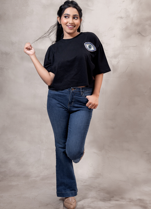 Black Cotton Over Size Crop Top Fit T-Shirt with Evil Eye Embroidery Patch