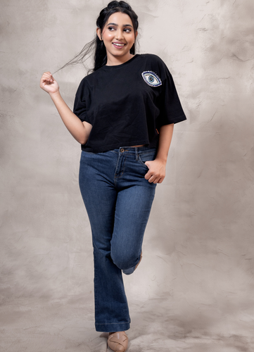 Black Cotton Over Size Crop Top Fit T-Shirt with Evil Eye Embroidery Patch