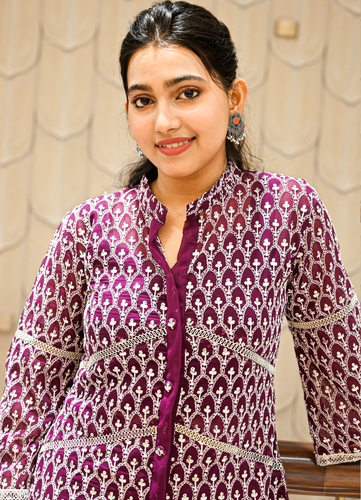 Deep Purple Embroidered Georgette Shirt – Mirror Work | 3/4 Sleeves