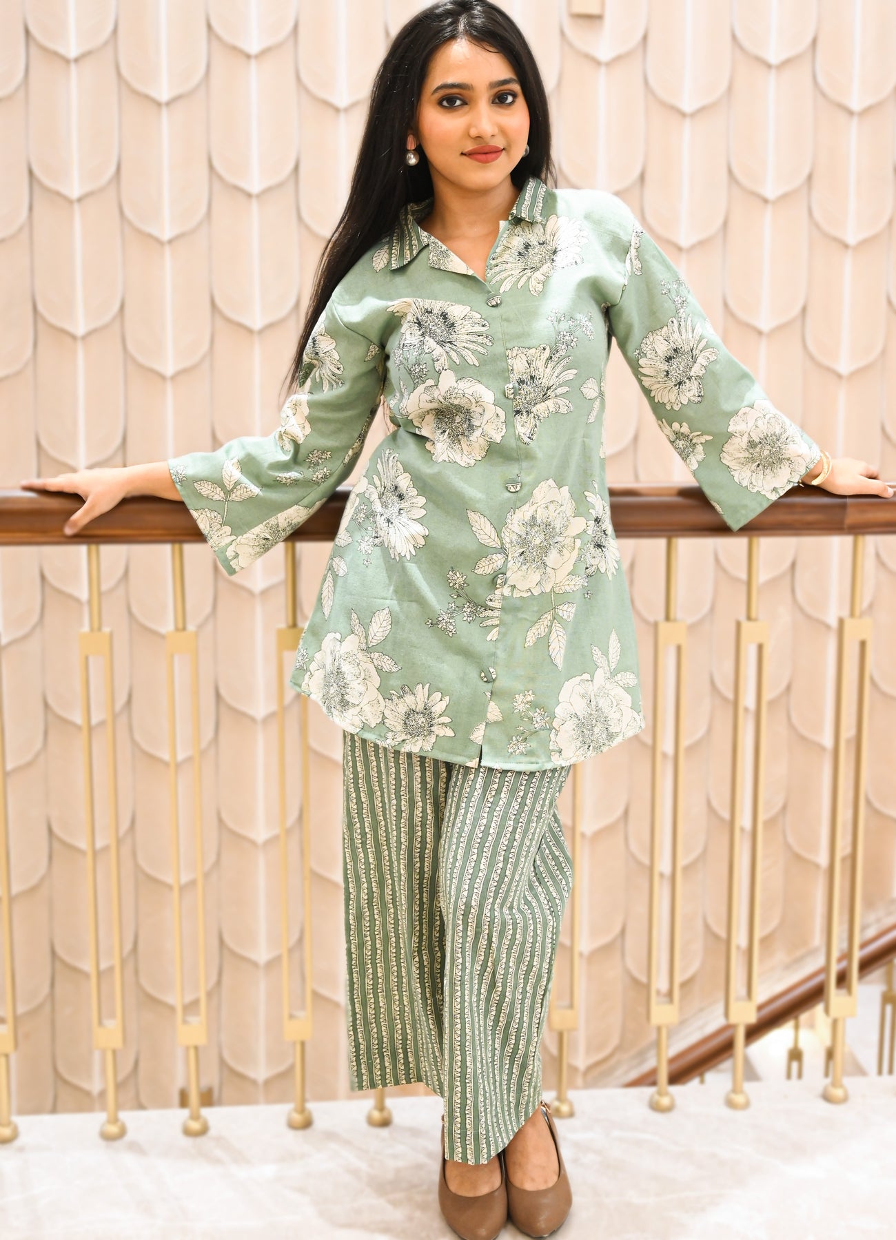 Pastel Bloom Green Floral Co-ord Set – 2 Pc | Premium Stretch Cotton | Summer Wear
