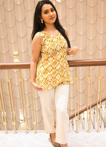 Sunlit Charm Sleeveless Printed Cotton Top