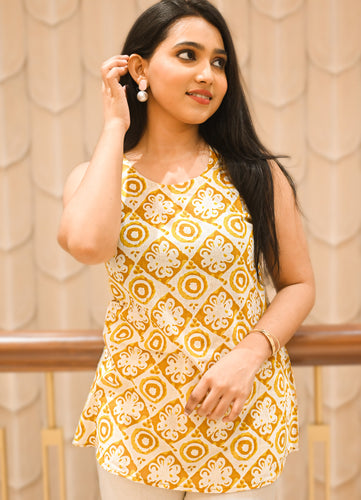 Sunlit Charm Sleeveless Printed Cotton Top