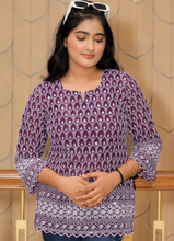 Load image into Gallery viewer, Plum Embroidered Georgette Short Kurta Top – Elegant Everyday Wear