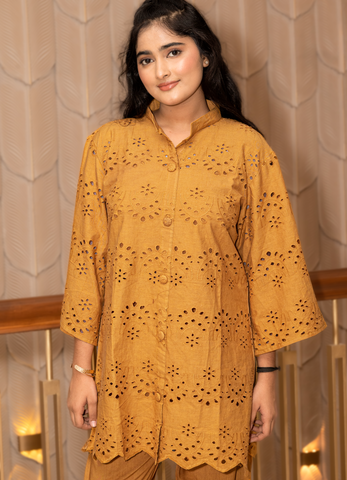 Mustard Yellow Cotton Schiffli Co-ord Set (3-Piece)