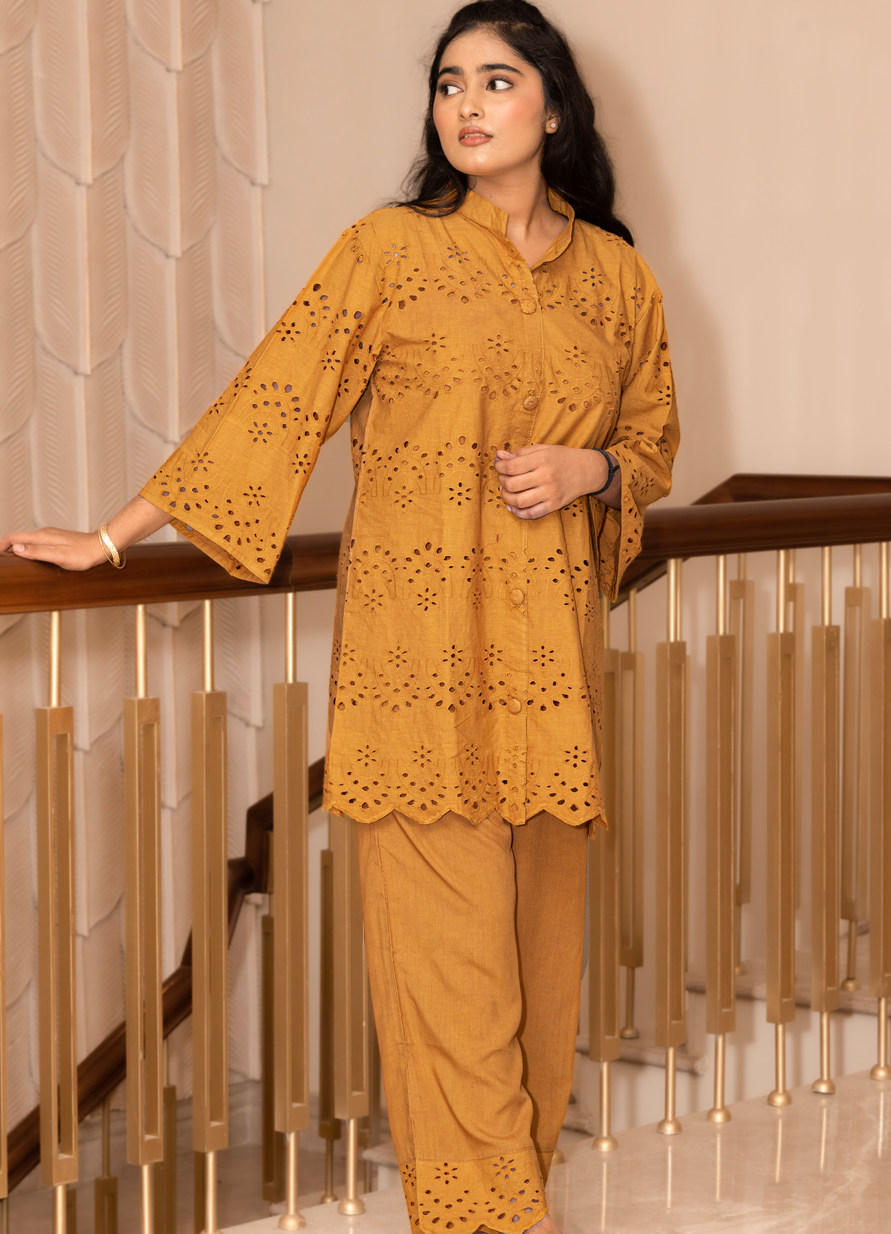 Mustard Yellow Cotton Schiffli Co-ord Set (3-Piece)