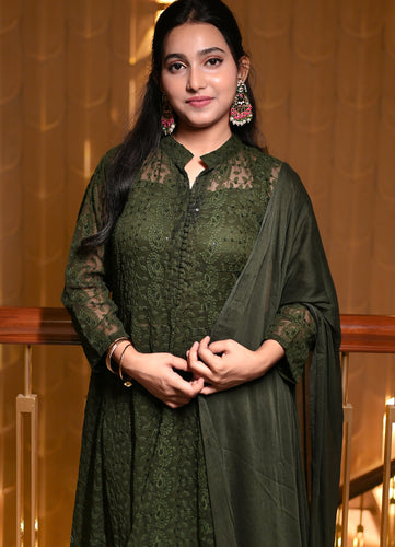 Green Georgette Anarkali Kurta Set with Chikankari-Style Embroidery