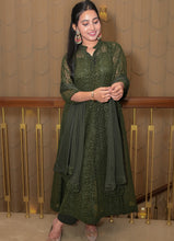 Load image into Gallery viewer, Green Georgette Anarkali Kurta Set with Chikankari-Style Embroidery