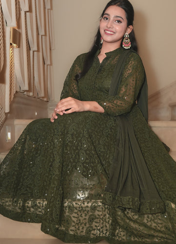 Green Georgette Anarkali Kurta Set with Chikankari-Style Embroidery