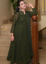 Load image into Gallery viewer, Green Georgette Anarkali Kurta Set with Chikankari-Style Embroidery