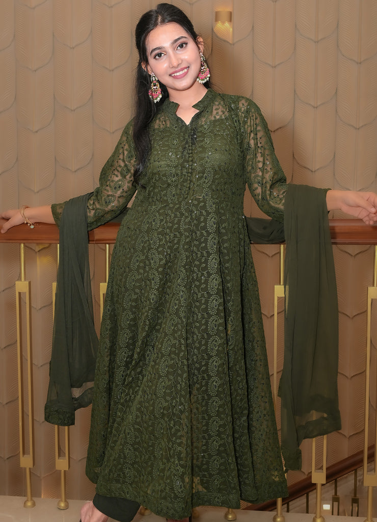 Green Georgette Anarkali Kurta Set with Chikankari-Style Embroidery