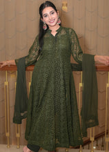 Load image into Gallery viewer, Green Georgette Anarkali Kurta Set with Chikankari-Style Embroidery