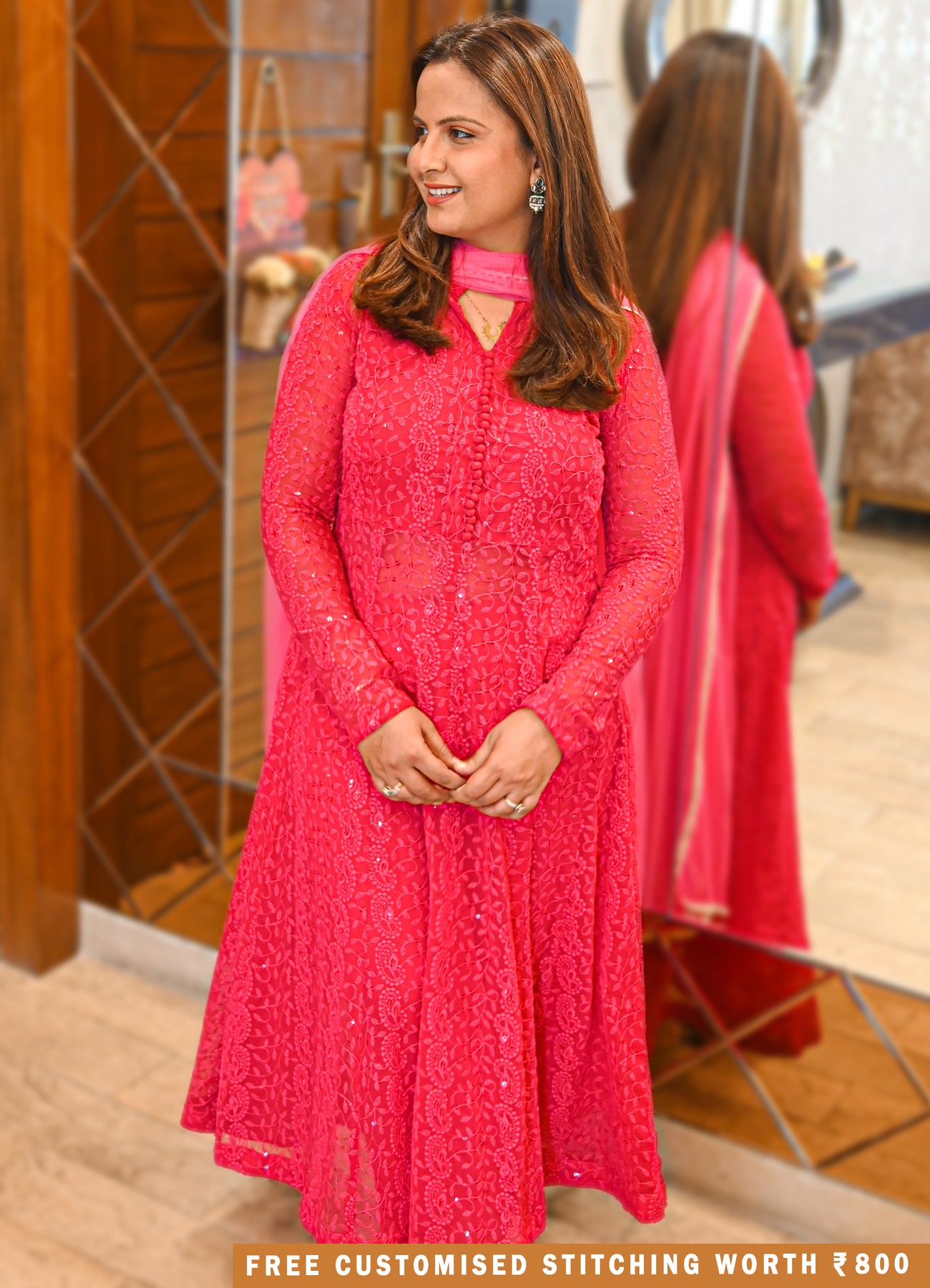 Pink Georgette Chikankari Anarkali Set with Chiffon Dupatta