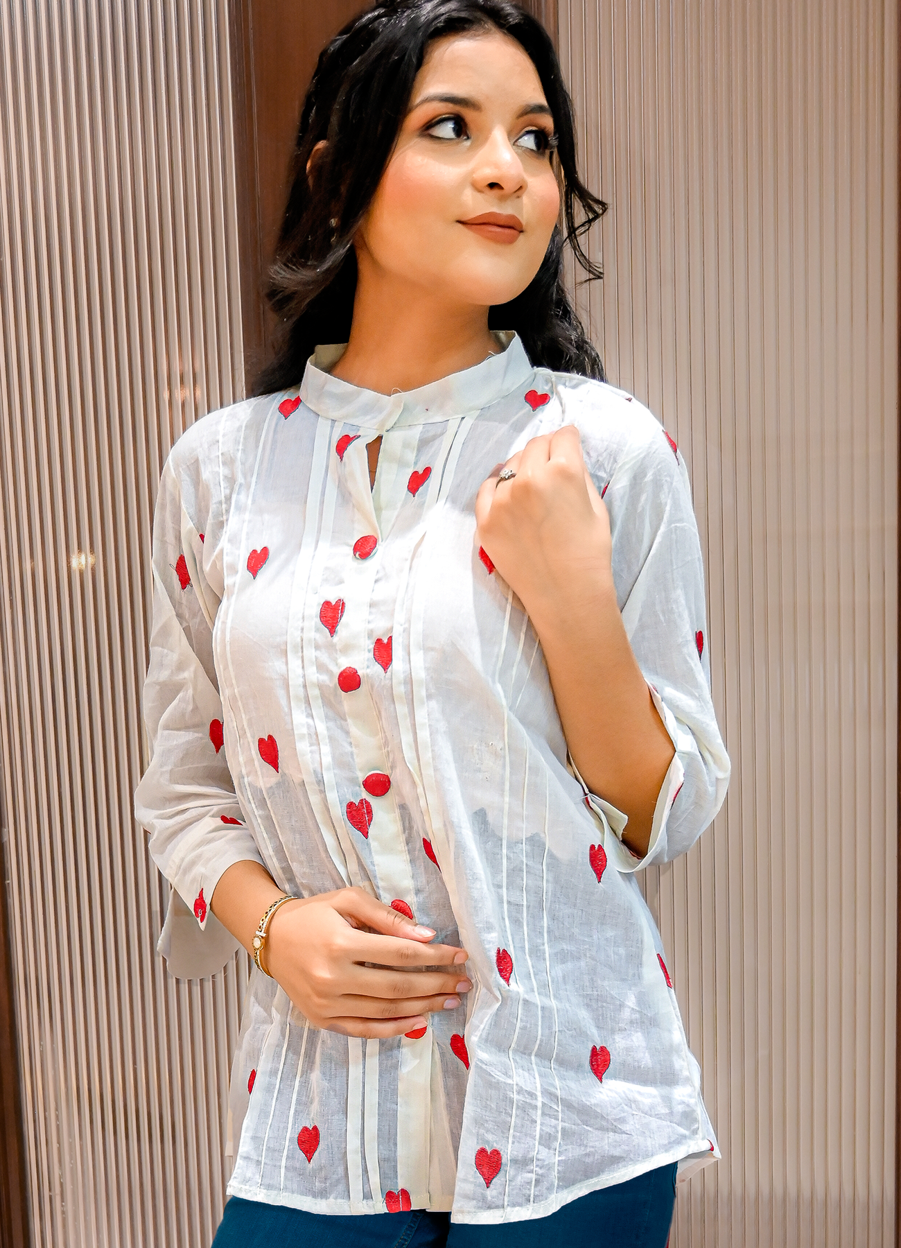 White & RED Heart Embroidered Cotton Kurti – 3/4 Sleeves | 36" Length
