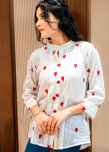 White & RED Heart Embroidered Cotton Kurti – 3/4 Sleeves | 36
