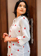 Load image into Gallery viewer, White &amp; RED Heart Embroidered Cotton Kurti – 3/4 Sleeves | 36&quot; Length